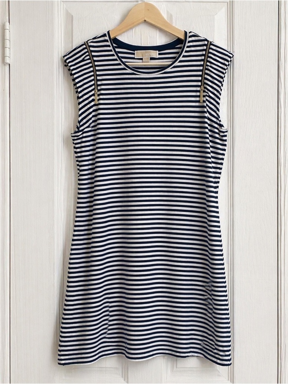 Michael Michael Kors Striped Dress L  Navy White Zip Shoulder Nautical Stretch - Picture 2 of 7
